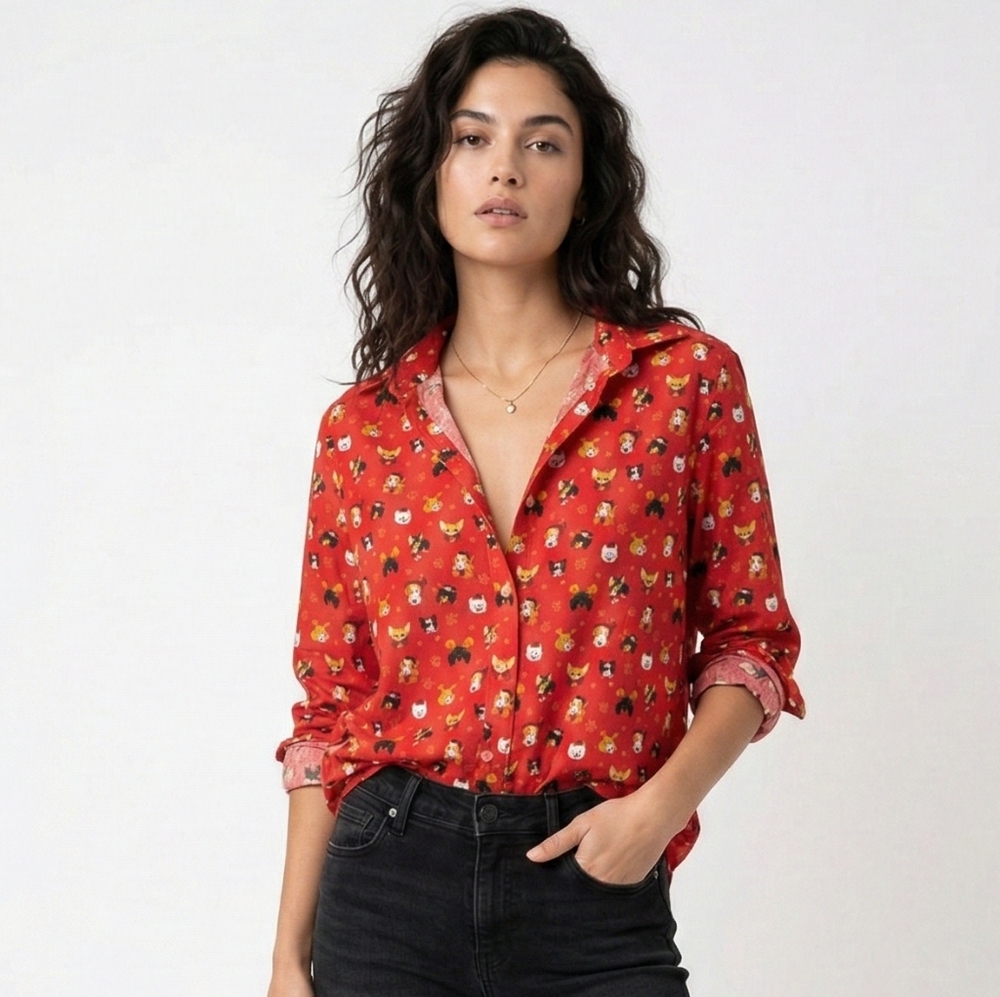Simon Banks Blouse Red Christmas Dogs Button Down Casual Holiday Unisex M